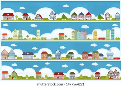Four banners with a view of the European landscape with traditional houses and architecture.