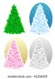 Four bare vector christmas trees - green, blue, pink on gold, silver