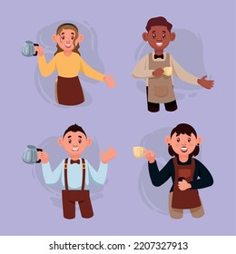 four baristas workers professionals characters