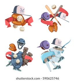 Four baseball inventory decorative icons compositions in retro style with bat helmet balls gloves uniform elements flat cartoon vector illustration