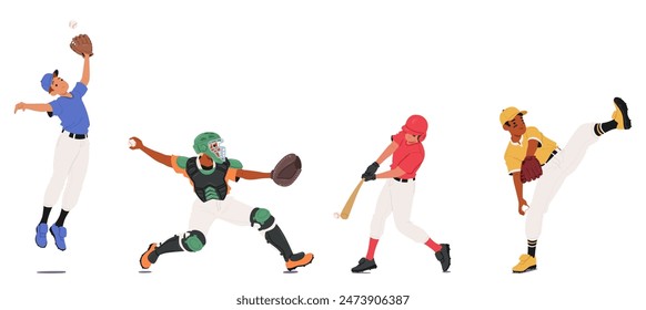 Four Baseball Players Catcher, Batter, Fielder And Pitcher In Different Action Poses. Cartoon Vector Concept For Sports-related Content And Themes Of Teamwork, Competition And Athleticism