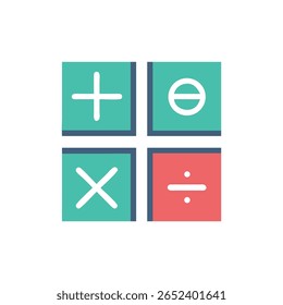 Quatro operações matemáticas básicas, design plano, em quadrados rosa e azul-petróleo. Estilo limpo e moderno, adequado para aplicações educacionais.