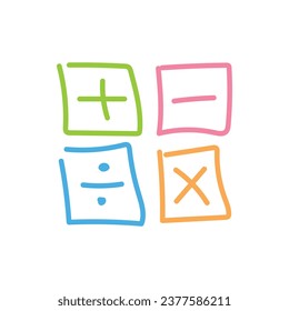 Four basic mathematics symbols. Add, subtract, multiply and divide icon. Mathematics resources for teachers and students. Doodle handwriting concept. Vector illustration isolated on white background.