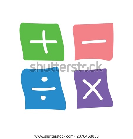 Four basic mathematics symbols. Add, subtract, multiply and divide icon. Mathematics resources for teachers and students. Doodle handwriting concept. Vector illustration isolated on white background.