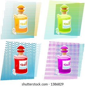 Four bath-oil bottles on different backgrounds