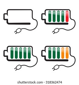 four batteries with charge indicator in different colors