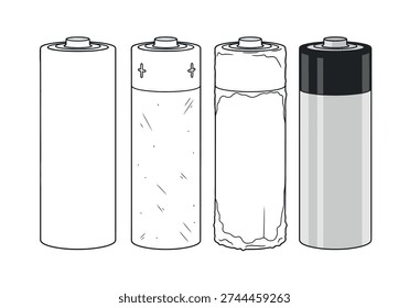 Four batteries shown in various stages of use, clean, scratched, damaged, and charged, all on white