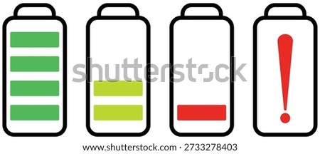 Four battery charge level indicators showing full medium low and critical warning states