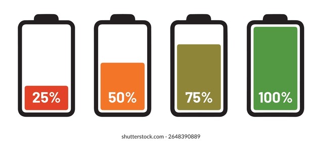 Quatro Indicadores de Nível de Bateria 25 50 75 100 Percent Indicador de bateria vermelho laranja oliva verde
