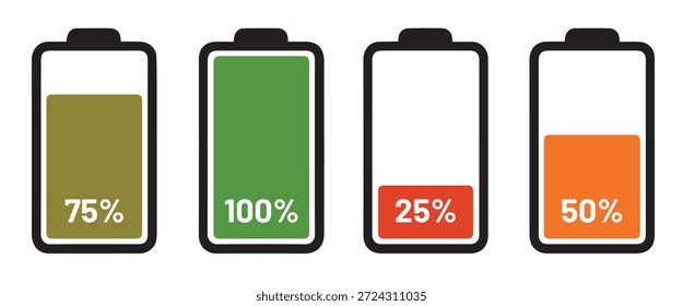 Cuatro indicadores de nivel de batería 25 50 75 100 por ciento rojo naranja oliva verde indicador de batería