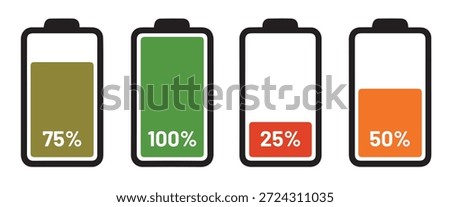 Four Battery Level Indicators 25 50 75 100 Percent Red Orange Olive Green battery indicator