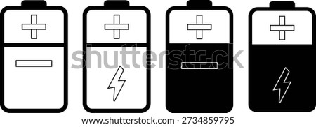 Four battery level indicators showing different charge states with lightning bolt and plus minus