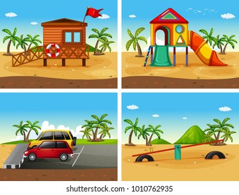 Cuatro escenas de playa con diferentes áreas de juego e ilustraciones de estacionamiento
