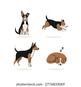 Four beagle dogs are shown in different poses, including sitting, running, standing, and sleeping with z symbols on a white background.