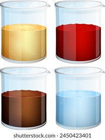 Four beakers filled with different colored liquids