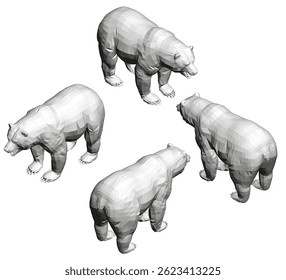 Four bears are standing in a circle. The bears are all white and have a rough texture. The scene is peaceful and calm, with the bears looking towards the viewer. Isometric view. 3D
