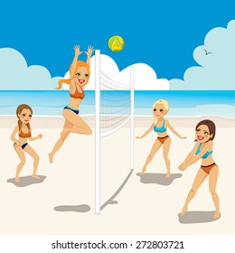 Four beautiful active women playing volleyball on the beach