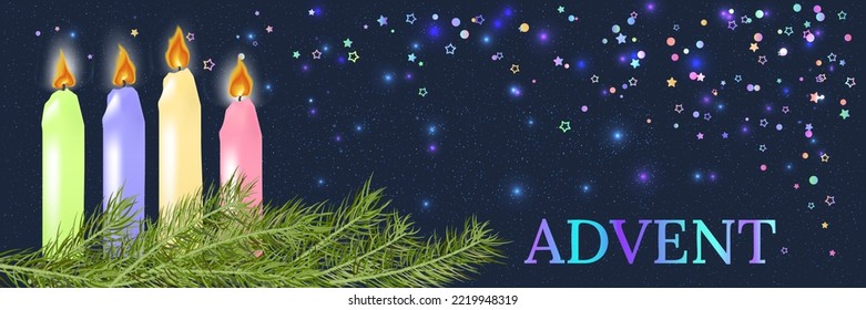 Four beautiful Advent Christmas burning candles with festive decorations.Christmas wreath of fir branches, colored burning candles and bright star confetti on night background. Advent banner. Vector