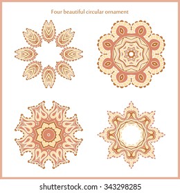 Four beautiful circular ornament. Mandala. Vintage decorative elements. Islam, Arabic, Indian, ottoman motifs. Set of beautiful ethnic, oriental ornaments. Stylized flowers.