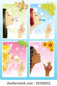 Four Beautiful ladies drinking different delicious drinks.