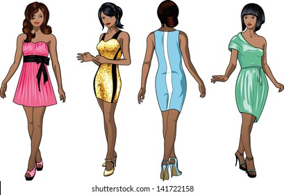 Four beautiful Negroid and mixed race ladies with stylish hairdo and beautiful smile in colorful cocktail dresses in realistic cartoon style
