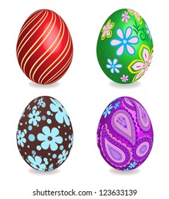 Four beautiful painted easter eggs on white background. 3D effect, shadows with blends.