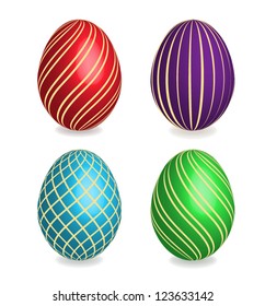 Four beautiful painted striped easter eggs on white background. 3D effect, shadows with blend option.