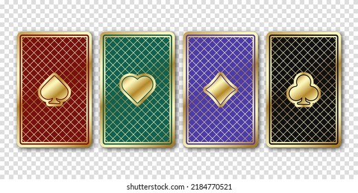 Cuatro hermosas cartas de juego. Las tarjetas traseras son verdes, rojas, negras y magenta. Ilustración vectorial en un fondo transparente.