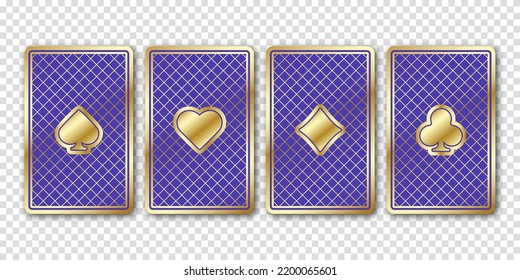 Four beautiful playing cards with poker suit sign icon. The backside cards are magenta color. Vector illustration on a transparent background.
