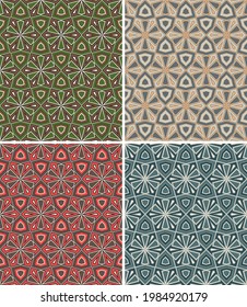four beautiful seamless patterns with Arabic motives. a set of vector images. overlapping shapes, stripes, geometric objects are grouped and lined up in rows.
