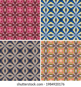 four beautiful seamless patterns with oriental motives. set of vector images. overlapping shapes, stripes, geometric objects are grouped and lined up in rows.