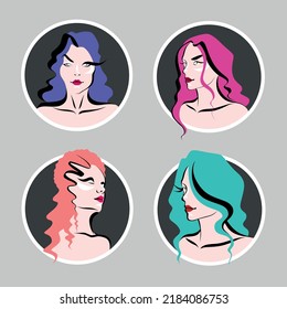 Four beautiful women with colored bright hair as stickers set for fashion design or web design. Sticker pack with pretty girls as print or pattern for website, clothes, signs, application or logotype.