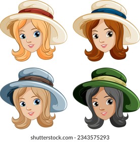 Four beautiful women wearing vintage hats in a vector cartoon illustration.