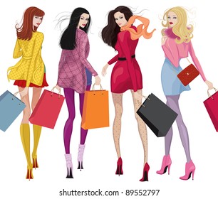 Four beautiful young women with shopping bags over white background - Shutterstock ID 89552797