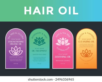 Four beautifully designed hair oil labels showcase a variety of natural ingredients, each promising nourishment and rejuvenation for hair.