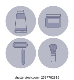 Four beauty-related icons, including tube, jar, roller, and brush. Essential tools for skincare routines concept