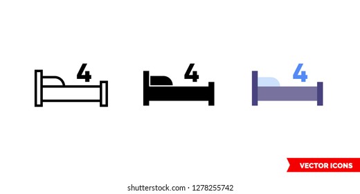 Four beds icon of 3 types: color, black and white, outline. Isolated vector sign symbol.