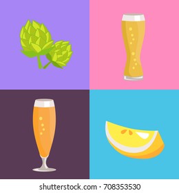 Four beer symbol pictures vector illustration on pink, light-blue and light-purple backgrounds showing green hob, lemon and two glasses of drinks