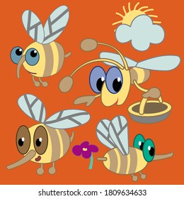 Four bees collect honey from flowers.