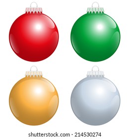 The four best-liked colors of shiny christmas tree balls: red, green, gold and silver. Isolated vector illustration on white background.