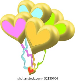 Four big and one small balloon hearts with colorful centers on ribbons illustration vector