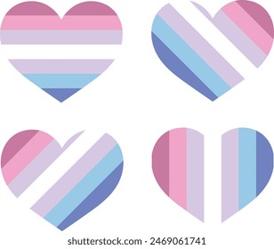 cuatro formas de corazón de orgullo bisexual, cuatro formas de corazón de orgullo bisexual Ilustración vectorial.