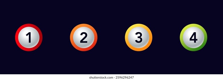 Four billiard balls numbered one to four with red, orange, yellow, and green circular rings.