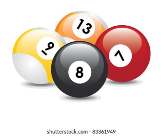 Four billiard balls with numbers: seven, eight, nine and thirteen.