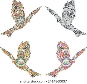 Four bird silhouettes in flight, each filled with different intricate patterns and colors.