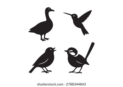 four bird silhouettes including a duck, hummingbird, and sparrows, depicted in black on a white background.