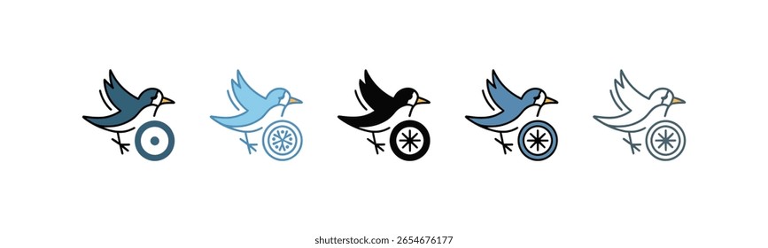 Quatro aves em voo, cada uma carregando uma roda de inverno Quatro aves estilizadas, em vários tons de azul e branco, são retratadas em voo, cada uma carregando uma roda com um design floco de neve.