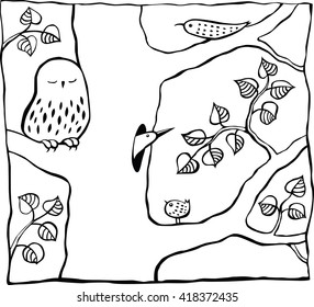 Four birds on a tree black and white vector