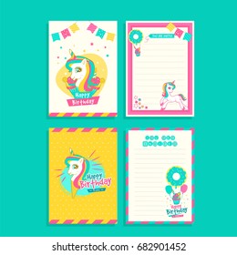 Four birthday card with cute unicorn