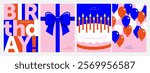 Four Birthday cards or banners set with cake, bow, text and balloons.